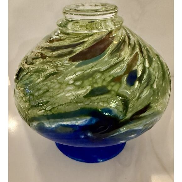 Signed Art Glass Bud Vase Cobalt Blue Greens Art Glass Vase 5x4 Inches - Picture 4 of 6